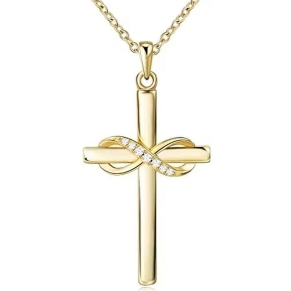 Gold Infinity Cross Necklace CZ Diamonds Women's Anniversary Birthday Gift NEW